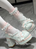 Crisscross High Toe Design Green Sweet Block Round Platform Mint - Heels