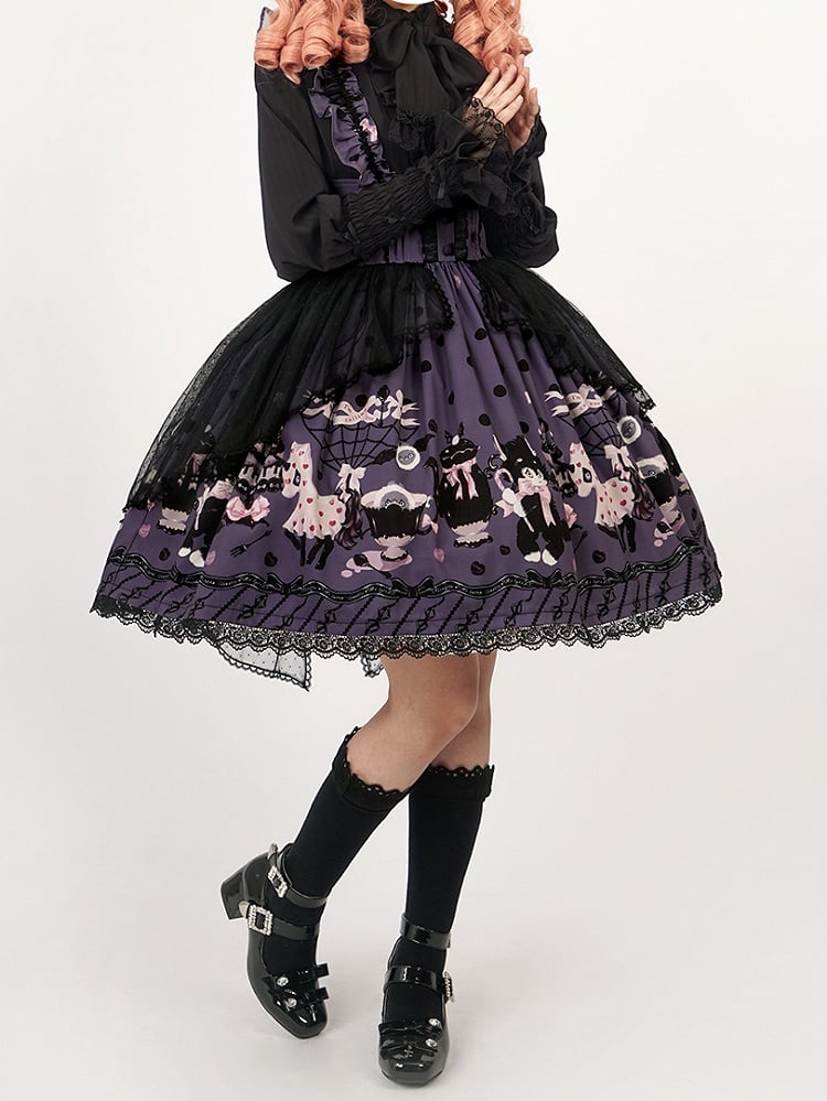 Lolita and Straps Ruffle Waist High Print Kitty Purple Cake Detachable Skirt with