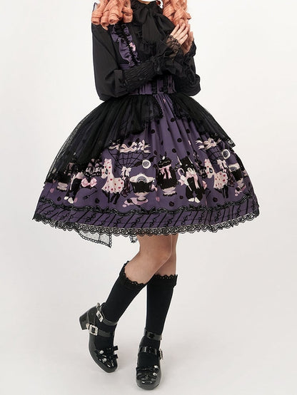 Lolita and Straps Ruffle Waist High Print Kitty Purple Cake Detachable Skirt with