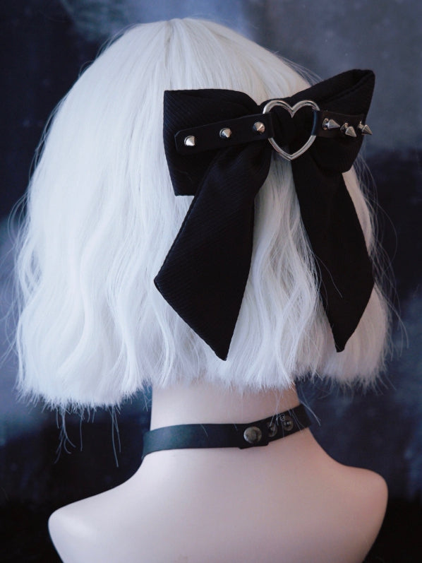 Gothic Clip Decorated Heart Black Bowknot With Buckle Studs
