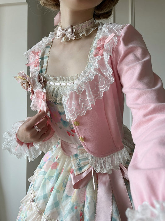 Kurzer rosa Cardigan mit dreifacher Spitze und Schleife, süßes Design