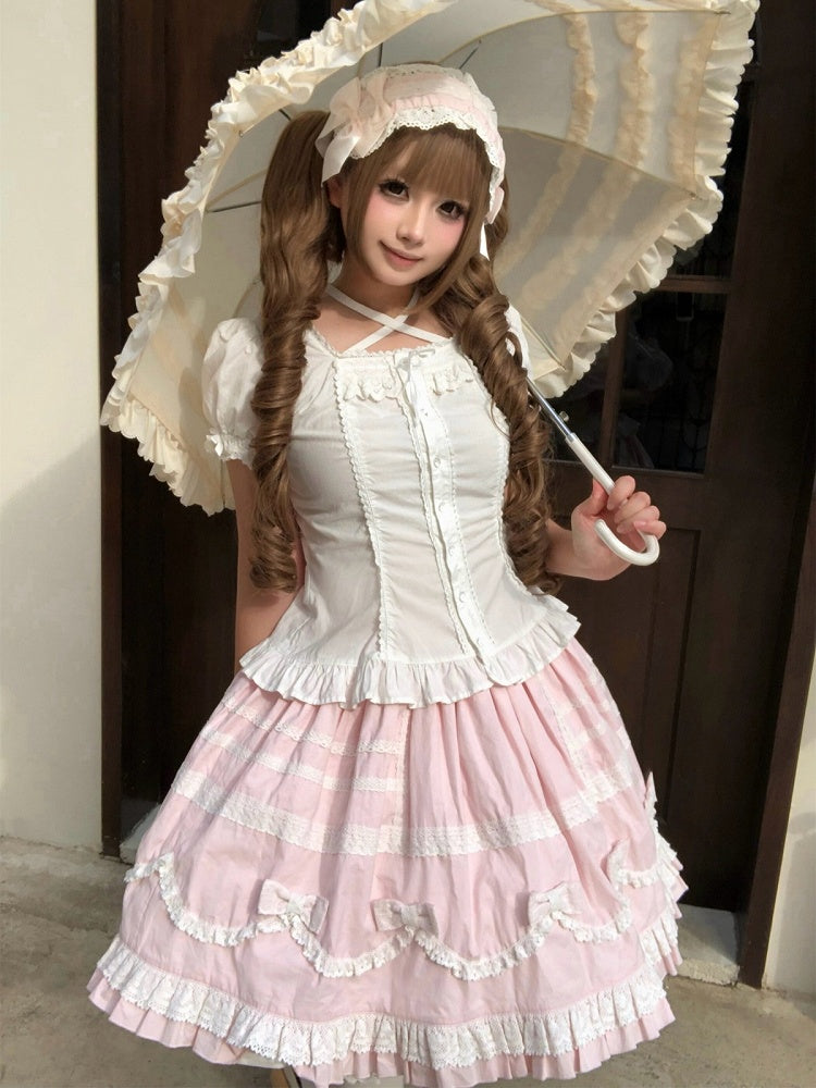 Pink & White Lace-Trimmed Skirt with Bow Accents - Hana Studio