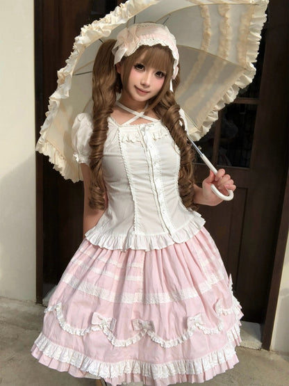 Pink & White Lace-Trimmed Skirt with Bow Accents - Hana Studio