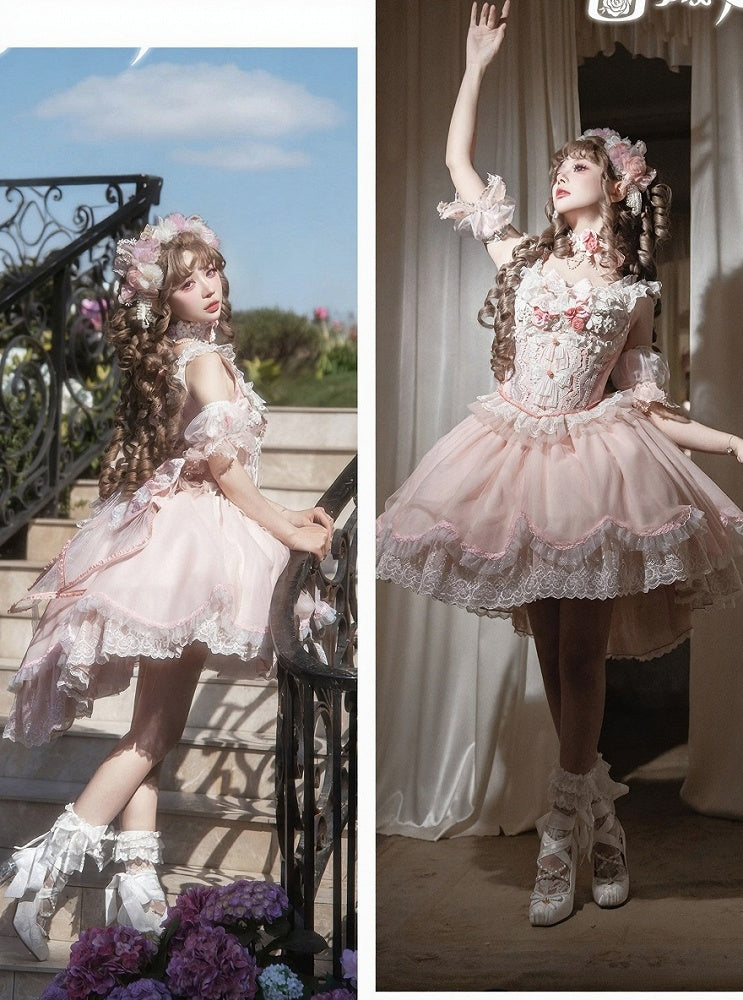 Lace-Trimmed Lolita Bow Lace Corset Pink Top + Decorated Skirt Jacquard Sweet and
