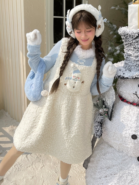 Süßes, mit Schneemann verziertes weißes Plüsch-Overallkleid