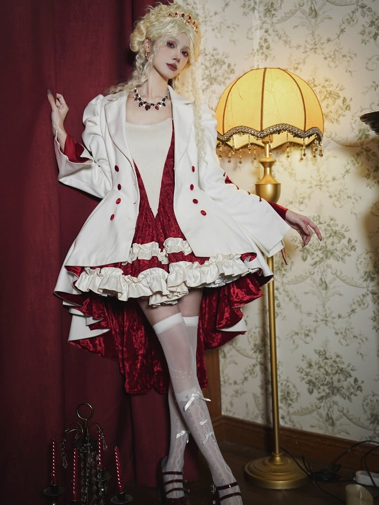 White High-Low Hem Blazer Coat with Red Lining - With PUJI