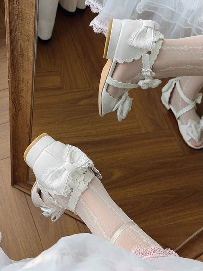 Sweet Lolita Summer White Low Heel Sandals with Flower Bow - Sheep Puff