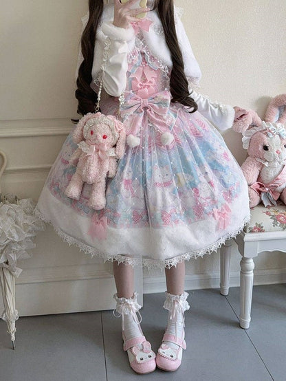 Pink with Sweet Cat Fur Trim Bow Print Accents Lolita Hem and Dress
