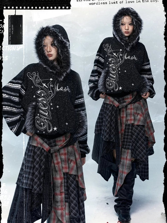 Black&White Plush Trim Striped Sleeves Hoodie