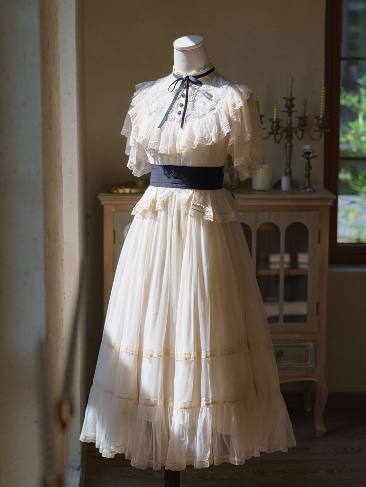 Beige Illusion Neck Classic Lolita Gown - Button Bear