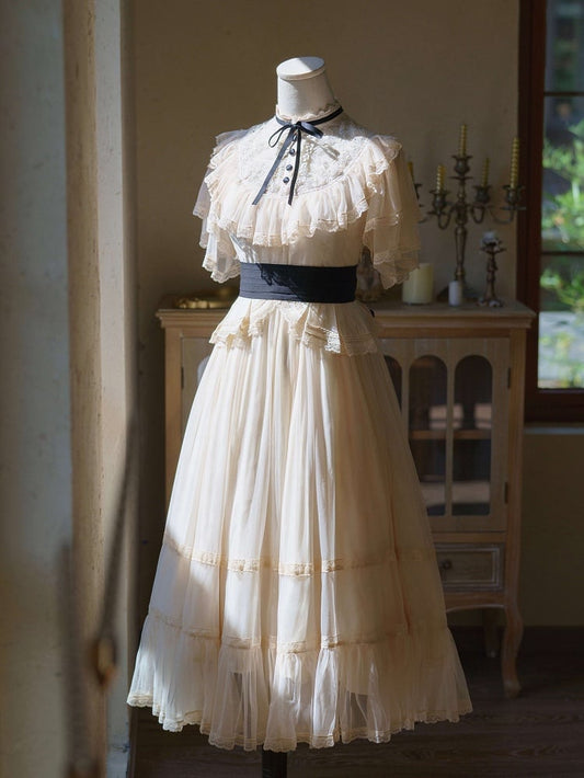 Beige Illusion Neck Classic Lolita Gown - Button Bear