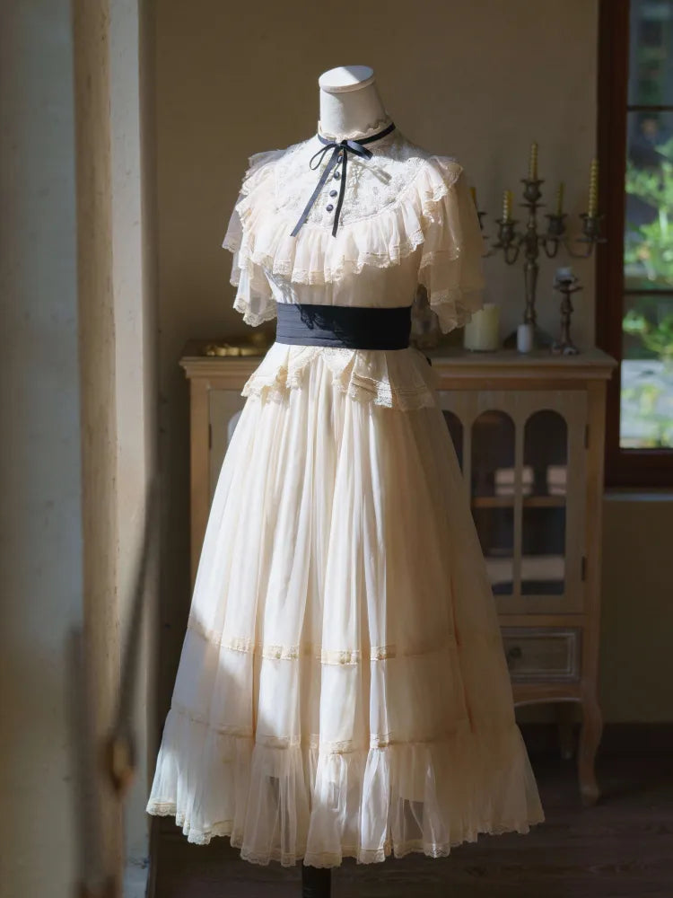 Beige Klassische Taille Schwarz Elegante Kleid Ausschnitt Lolita Illusion Edward Gürtel mit