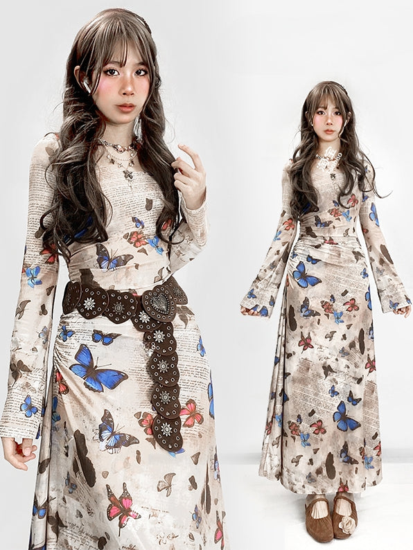 Millard Fashion Vintage Hellkaffeefarbenes Kleid mit Rundhalsausschnitt und Schmetterlingsraffung