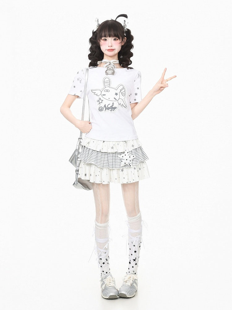 White Star Print Tee with Cute Bunny Applique
