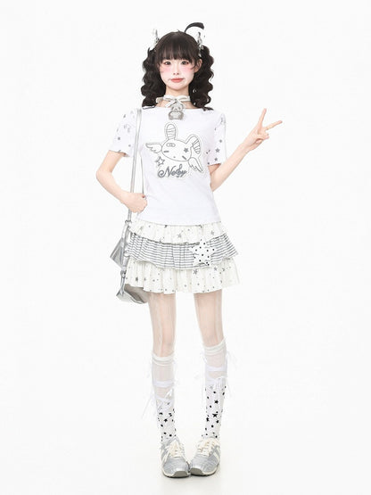 White Star Print Tee with Cute Bunny Applique
