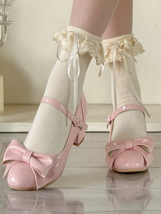 Pink Classic Lolita Shoes in PU Leather with Mid-heel Design, Bow Accents & Round Closure