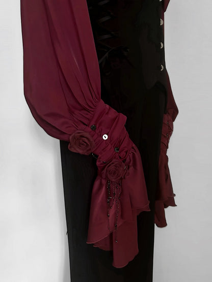 Crimson Poet Shirt with Floral Pins and Chain Accents - Shi Zhi Mao