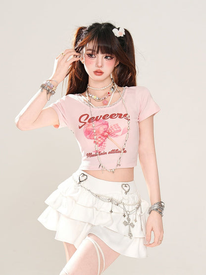 Trim Sweet Lollipop Print Spitzen-T-Shirt Rosa/Apricot Glamorous Cropped