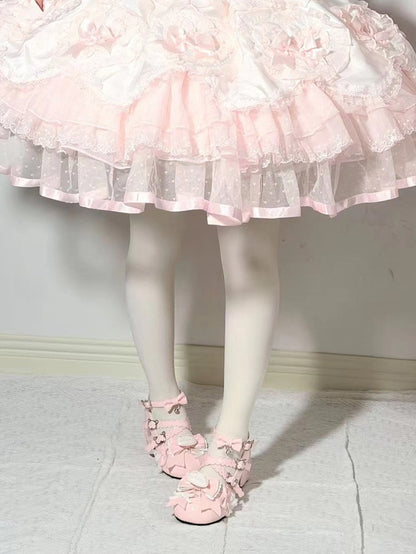 Mary Kitten - Sweet Hem Scalloped Pink Bow Lolita Janes Accents Heel Toast PU Crossed with Straps