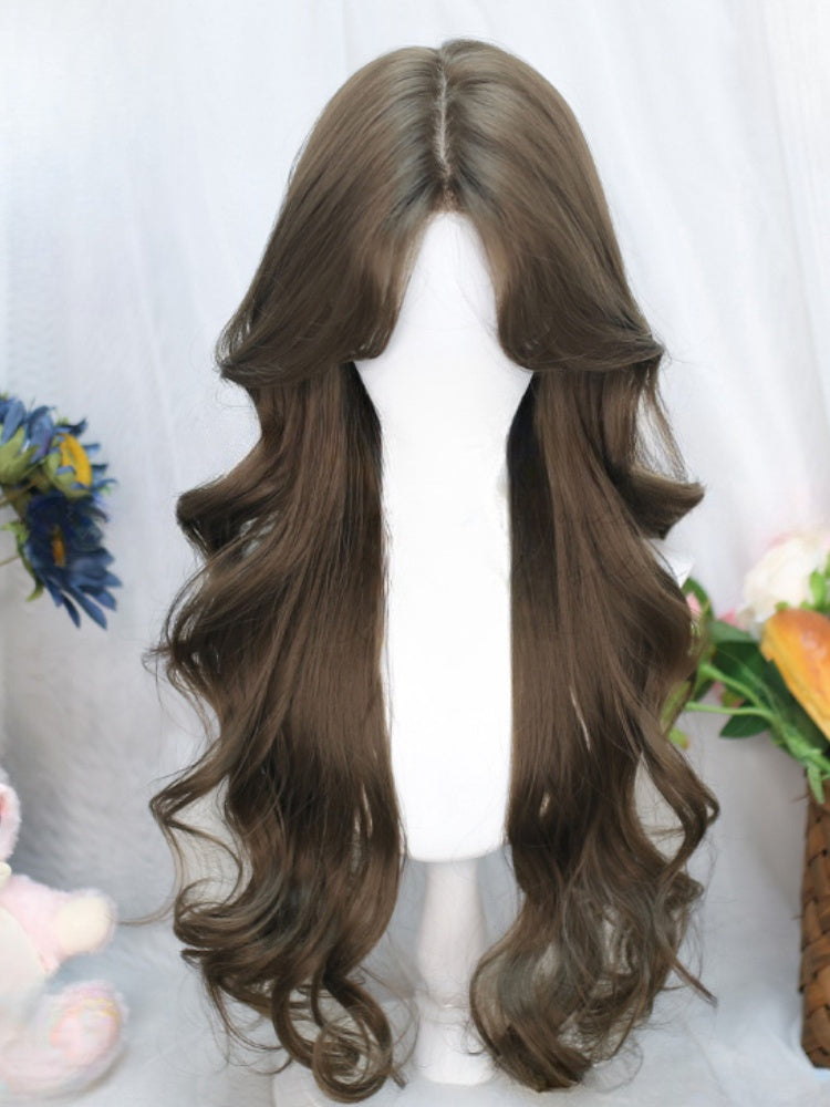 Black/Brown Under Bust Length Wavy Wig with Curtain Bangs