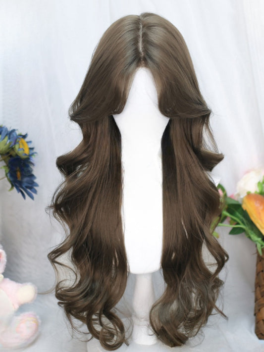 Black/Brown Under Bust Length Wavy Wig with Curtain Bangs