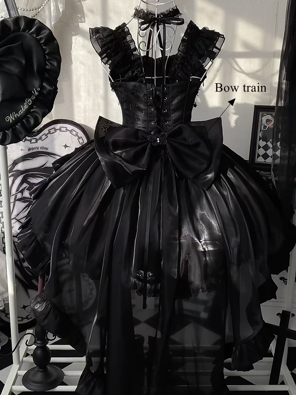 Jacquard Waist Blooming Lolita Basque Flower Accents Lace Hime Black Layered Fluffy Dress with