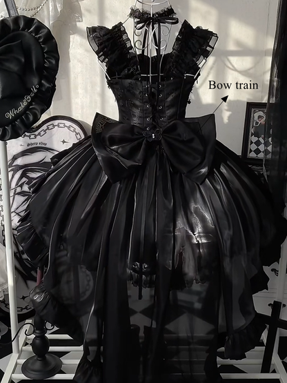 Jacquard Waist Blooming Lolita Basque Flower Accents Lace Hime Black Layered Fluffy Dress with