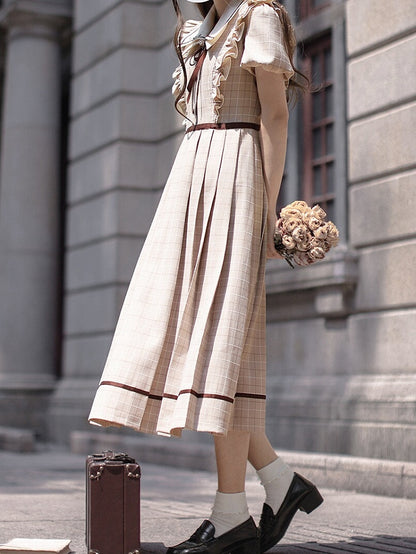 Plaid Elegant Puff Tie Coffee Light Sleeves Dress with Skirt Pleated