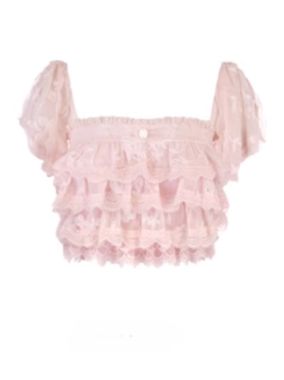 Volant mit Sakura-Rosa Chiffon-Overlay-Top mit floraler bestickter Spitze