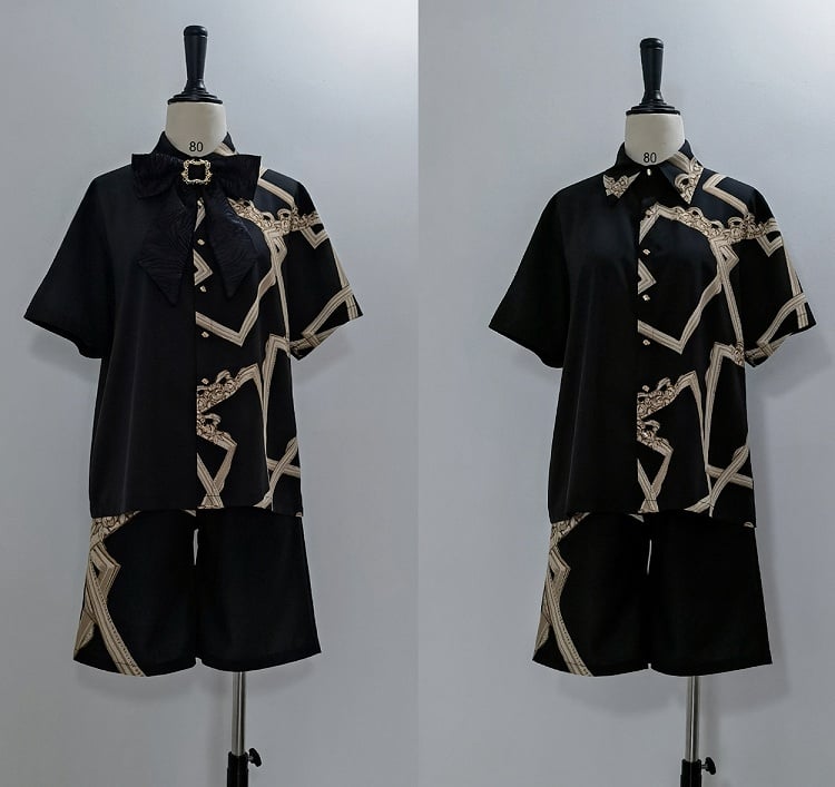 ロリータシャツプリントリボンフレーム付きブラックアシンメトリー王子ネクタイ