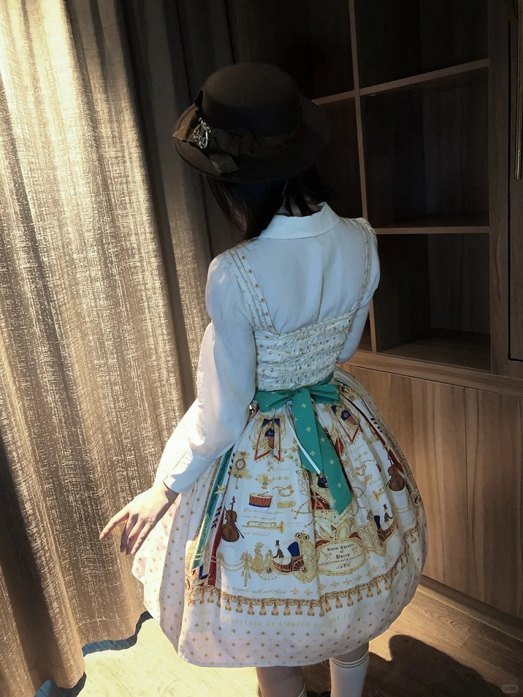 White Musical Print Elegant Lolita Jumper Skirt - Crucis Universal Tailor Company
