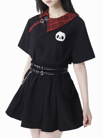T-Shirt mit Panda-Trägern Plüschtier Rot karierter Kragen Schwarze Schnalle