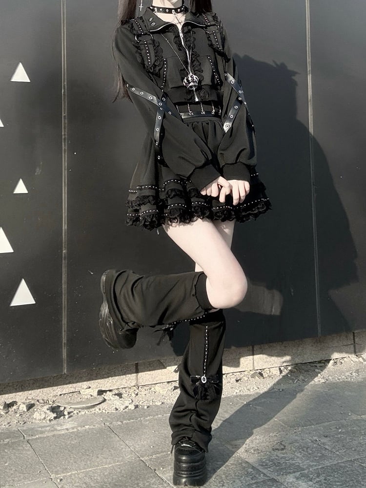 Jirai Bow Skirt + Black Lace Set Zipper Decor Kei Chain-Waist Leather Leg Strap Top Warmers