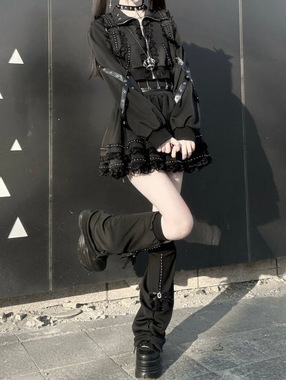 Jirai Bow Skirt + Black Lace Set Zipper Decor Kei Chain-Waist Leather Leg Strap Top Warmers