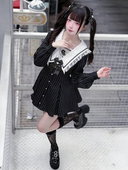 Black Striped Sailor Collar Long-Sleeve Dress with Cherry Blossom Embroidery and Matching Shorts - Dream Core Waves