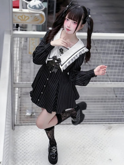 Black Striped Long Sleeve Sailor Dress with Cherry Blossom Detail and Shorts - Dream Core Waves