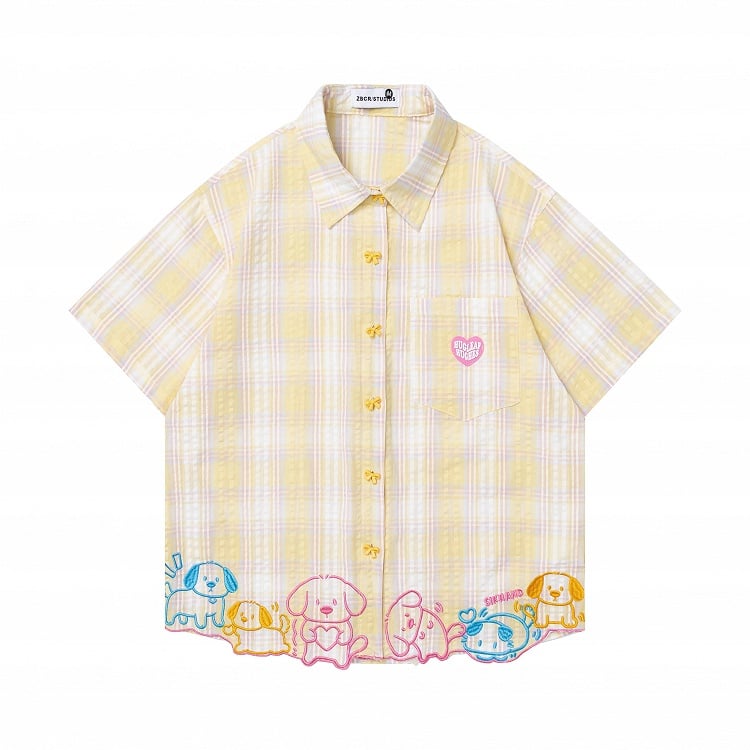 Golden Tartan Short-Sleeve Blouse with Pup Hem and Ribbon Closures - Languid Park