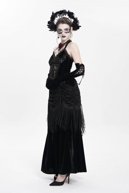 Black Hollow Floral Embroidery Lace-Up Pleated Maxi Dress