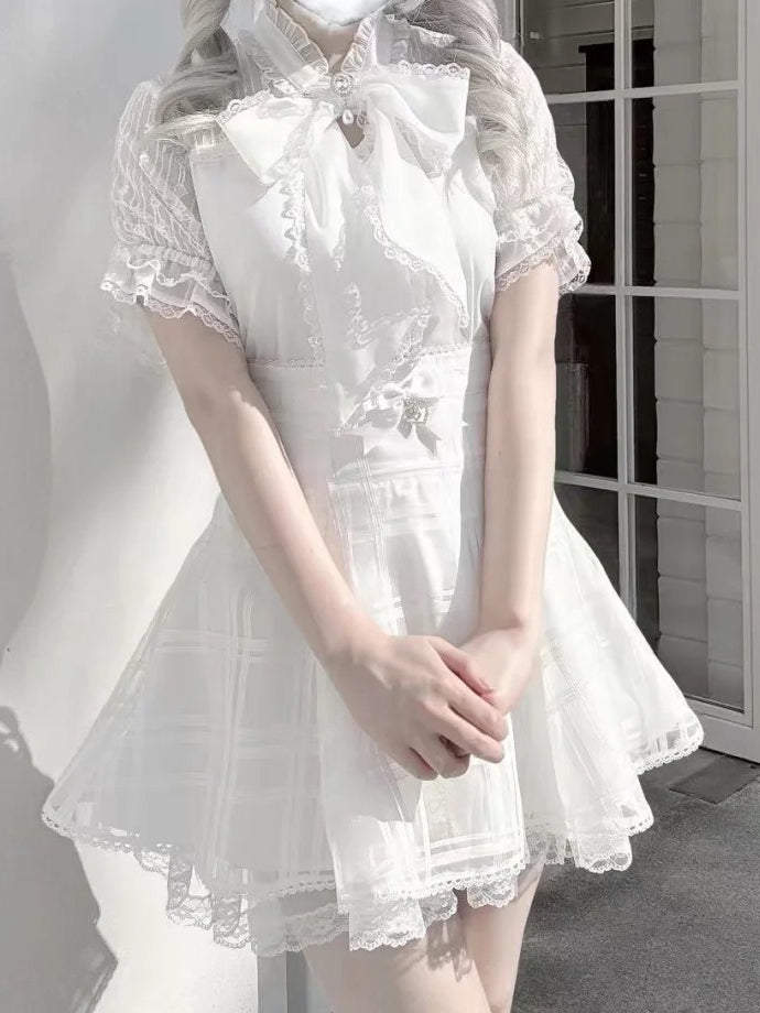 Back with Organza Plaid White Detail Kei Jirai Lace-up Skirt