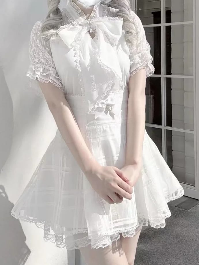 Chiffon and Details White Neckline Lace Blouse Style Bead Jirai with Bow Self-tie Kei