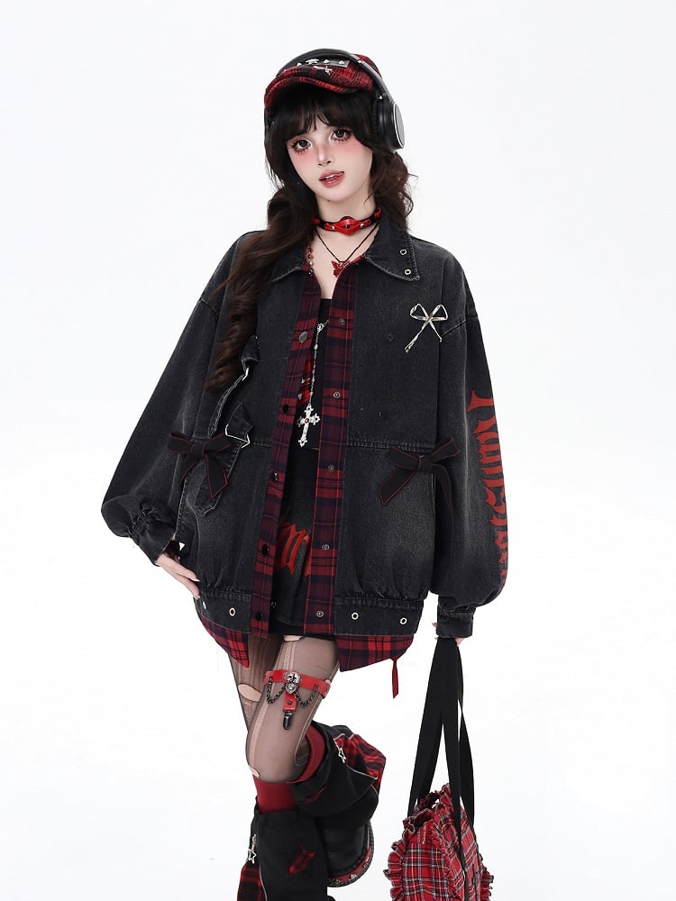 Faux Two-Piece Denim Jacket with Plaid Patchwork and Bowknot Details Black