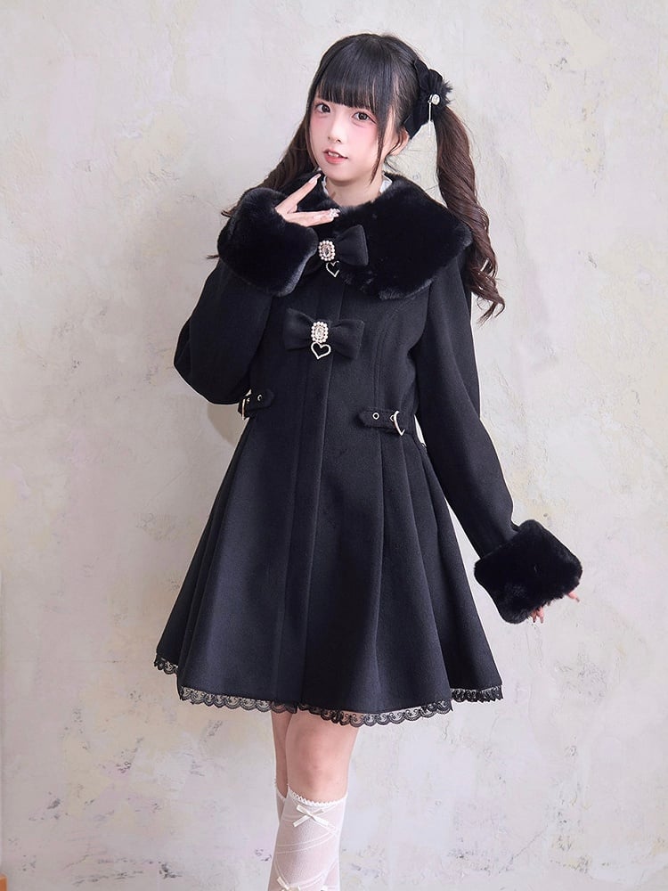 Lace and Rhinestone with Cuffs Coat Collar Fuzzy Kei Accent Bow Black Jirai Trim