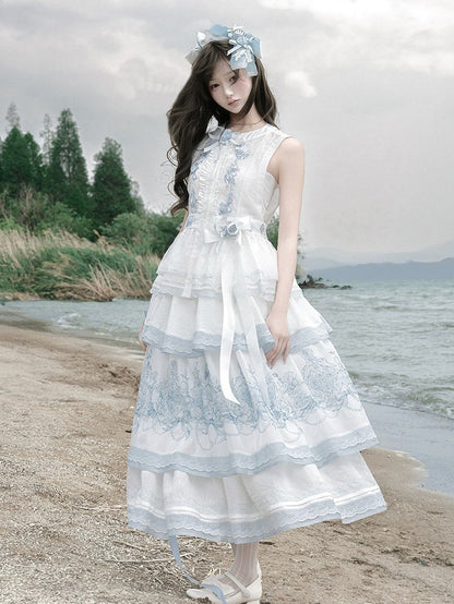 White Sheer Blue Shell Embroidered Lace Vest with Self-Tie - Yimu Walnut
