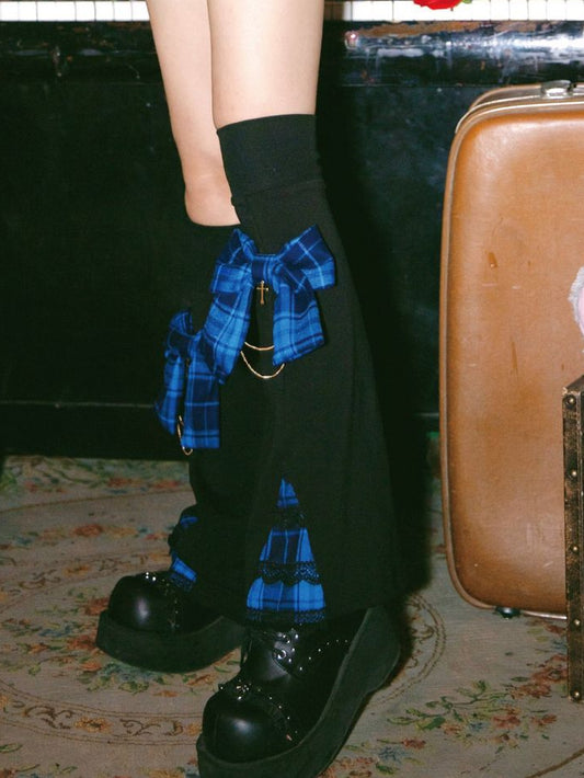 Y2K Navy Blue Plaid Bow Leg Warmers with Chain