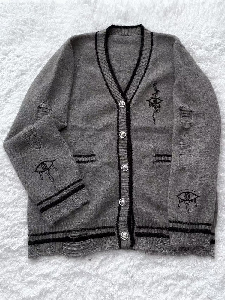 Grauer Cardigan mit Guro Kawaii-Augen- und Schlangenstickerei im Used-Look