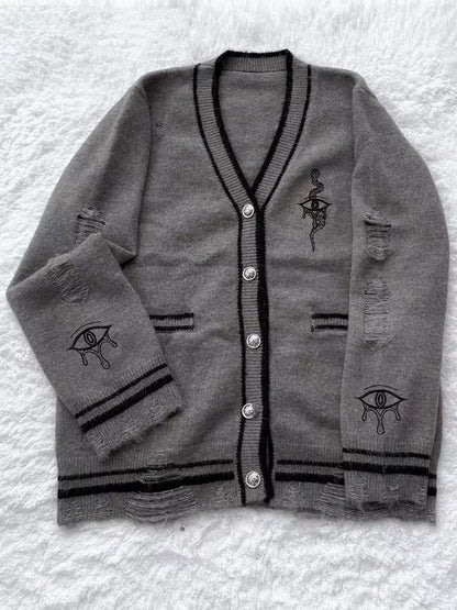 Grauer Cardigan mit Guro Kawaii-Augen- und Schlangenstickerei im Used-Look