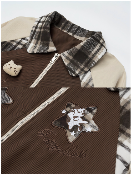 Collar Cat Brown/Pink Color-Block Embroidered with Jacket Plaid and