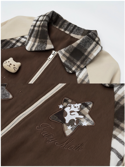 Collar Cat Brown/Pink Color-Block Embroidered with Jacket Plaid and