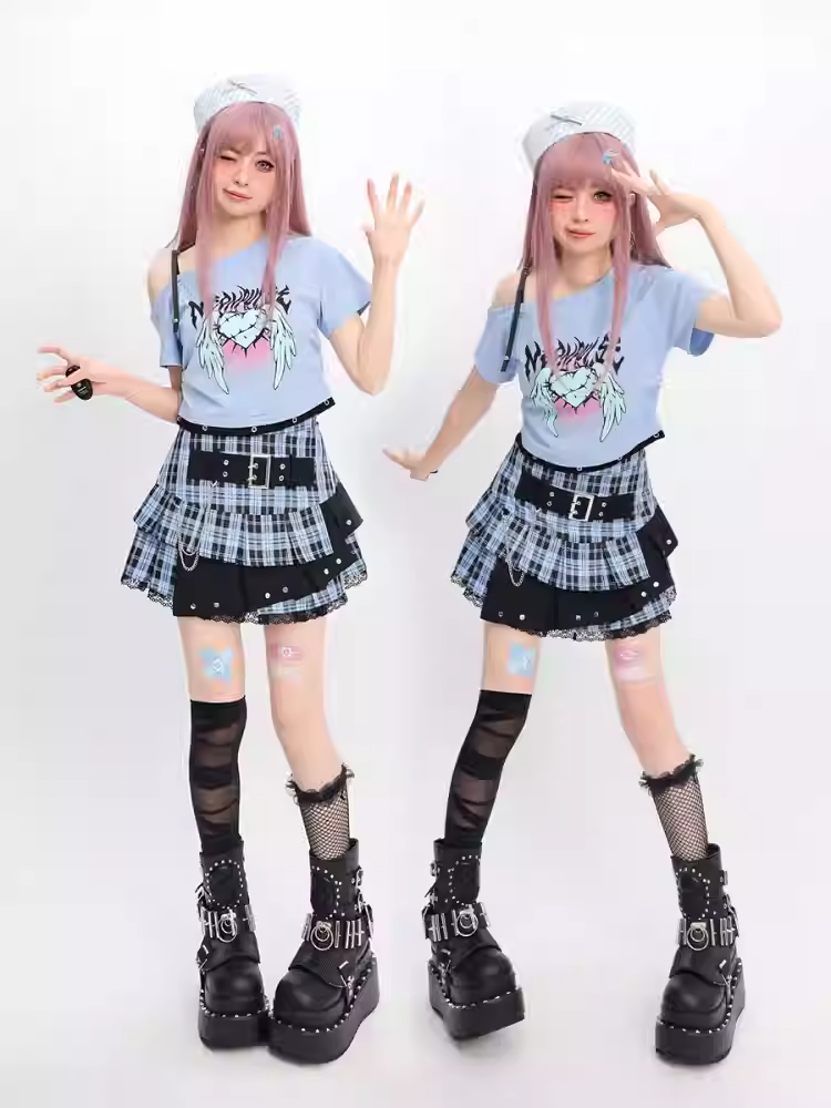 Y2K ライトブルー バックルストラップ ティアード チェックスカート