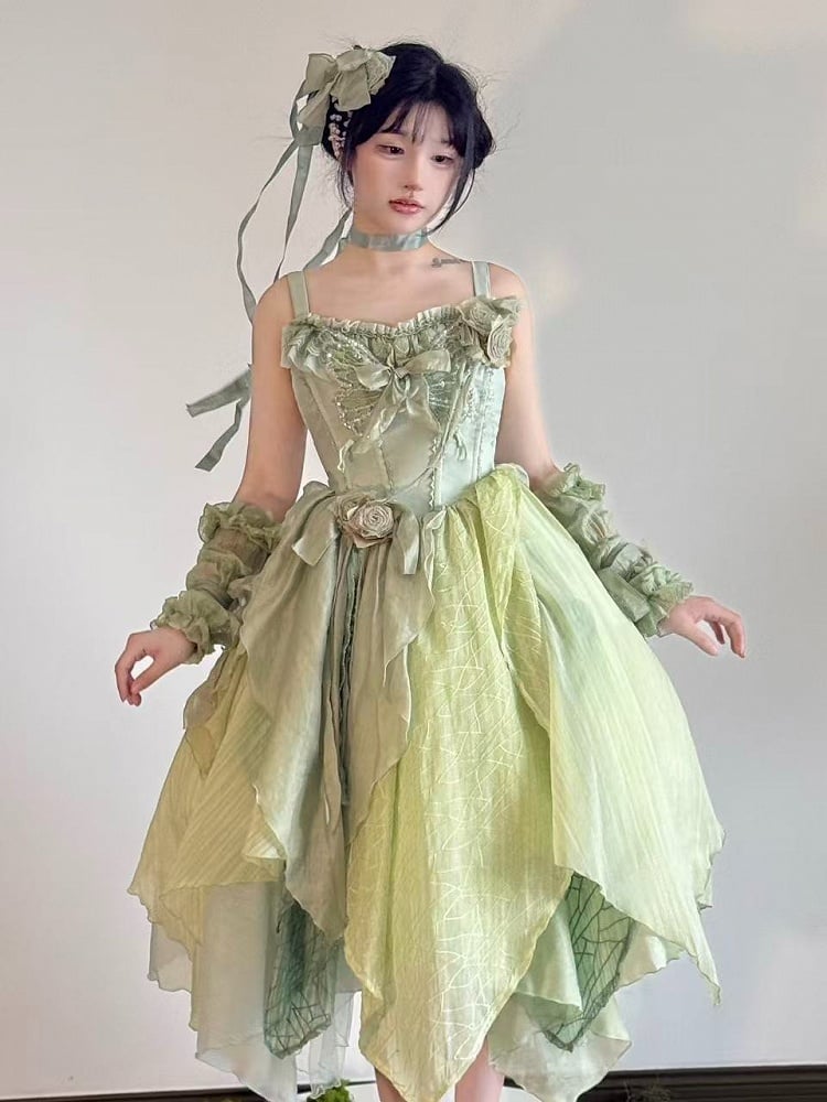Green Butterfly Theme Lolita JSK with Asymmetrical Hem Sizes S-3XL - Sweet Wood Lolita